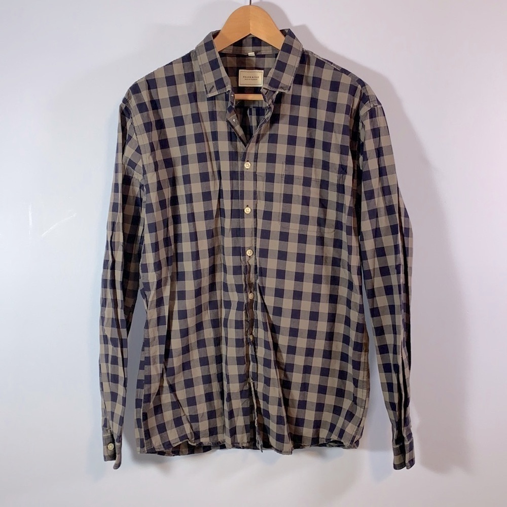 Frank & oak size large mens button up down gray blue gingham check plaid shirt